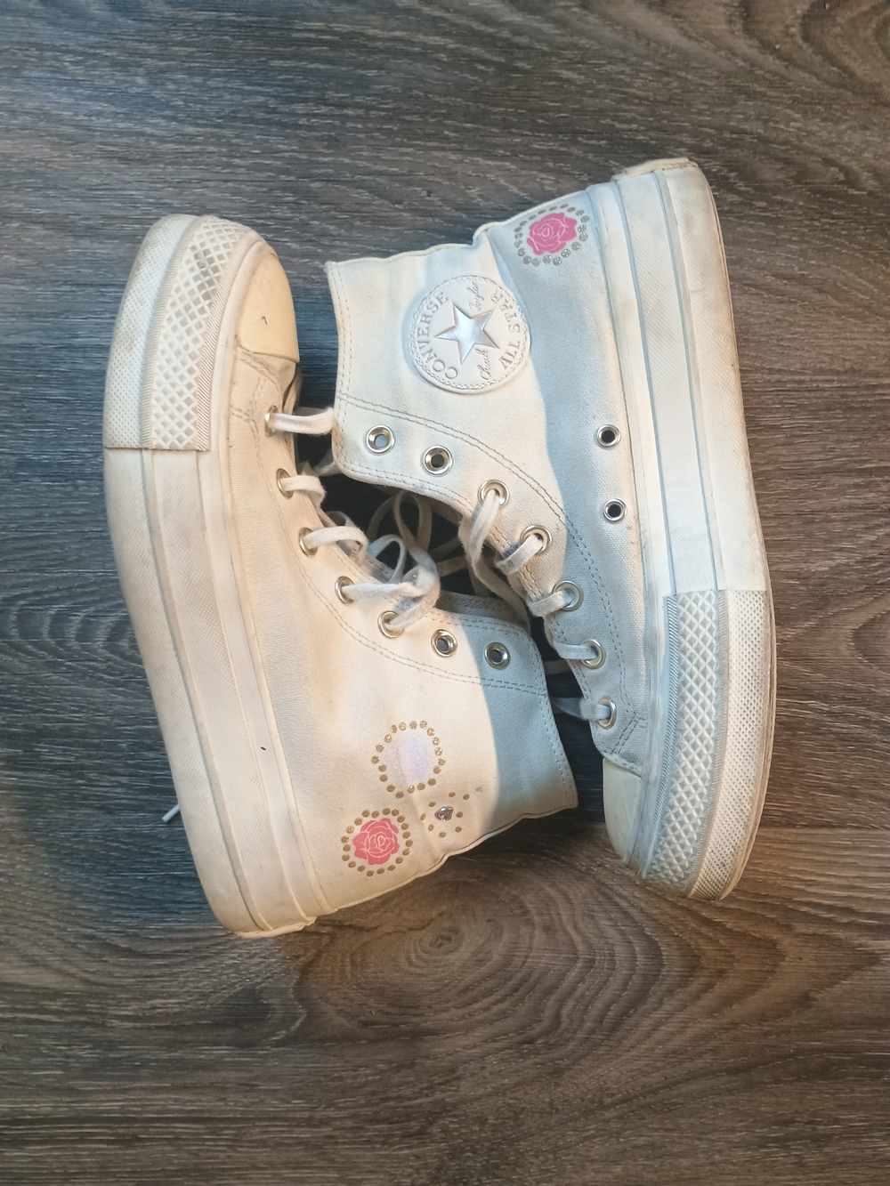 Converse White High-Top Platform Sneakers with Pink Rose Detail Size: 8